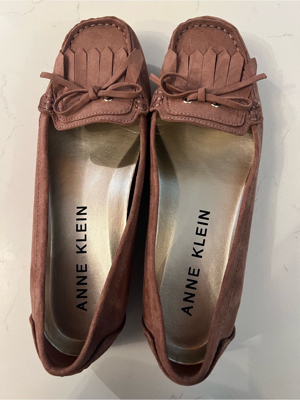 Anne Klein Rose Mayve Suede Fringe Bow Moccasin Loafers Sz: 9.5